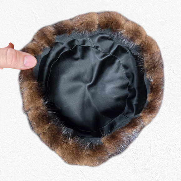 50s Vintage Brown Mink Fur Pillbox Hat Mid-Century Satin Lined Formal Winter Hat - Picture 5 of 6